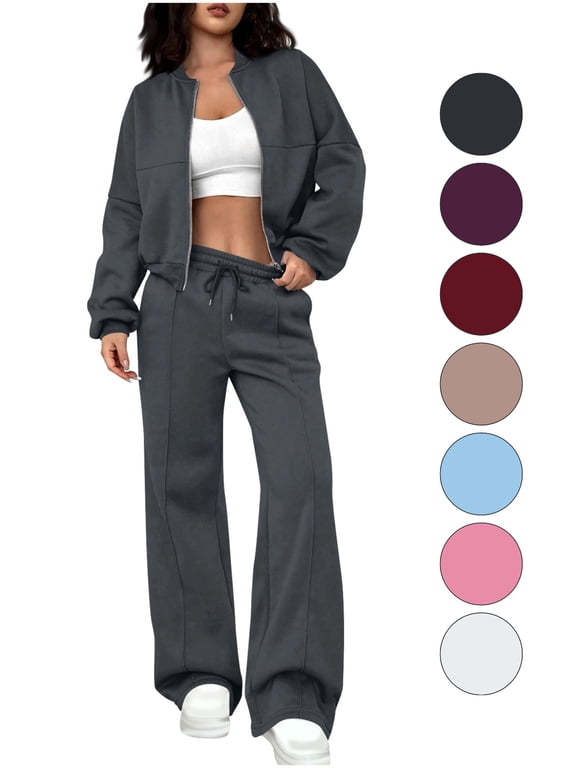 Women's 2 Piece Tracksuit Set Zip Up Crop Bomber Jacket and High Waisted Wide Leg Sweatpants Casual Lounge Wear Athletic Outfits with Drawstring