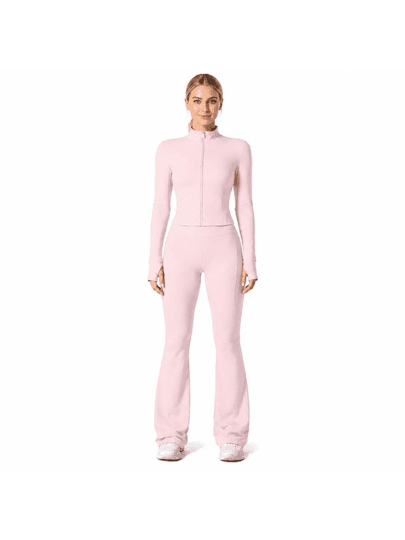 Women's 2 Piece Tracksuit Set, Zip Up Fitted Jacket & High Waist Flare Pants Workout Outfit