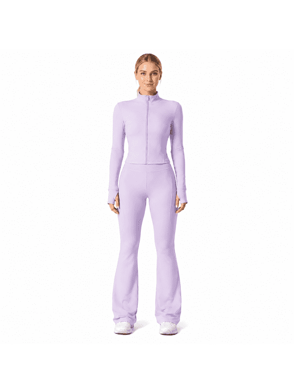 Women's 2 Piece Tracksuit Set, Zip Up Fitted Jacket & High Waist Flare Pants Workout Outfit