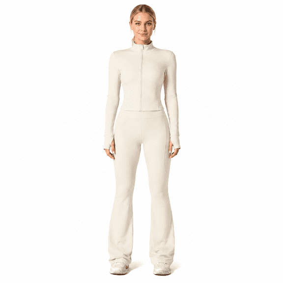 Women's 2 Piece Tracksuit Set, Zip Up Fitted Jacket & High Waist Flare Pants Workout Outfit