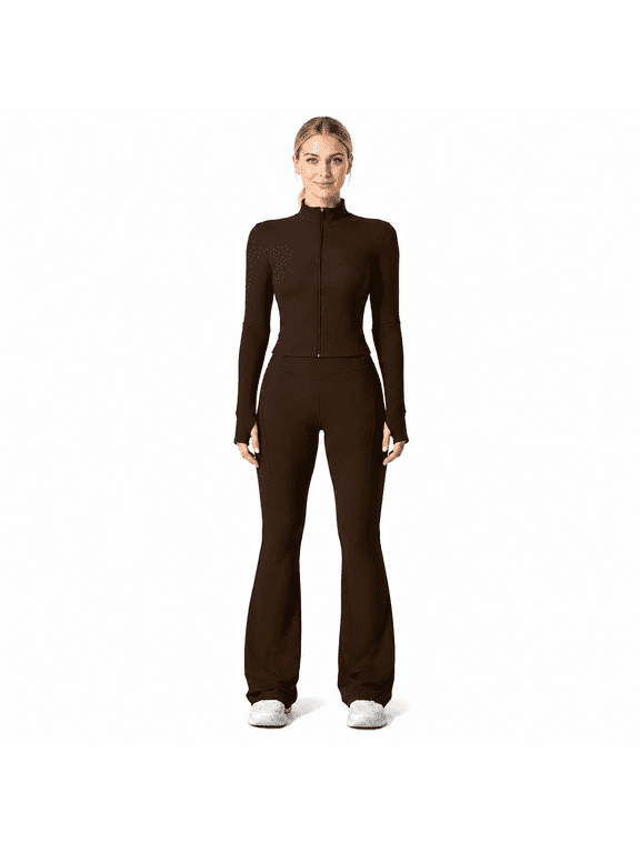 Women's 2 Piece Tracksuit Set, Zip Up Fitted Jacket & High Waist Flare Pants Workout Outfit