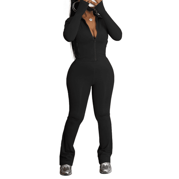 Women's 2 Piece Tracksuit Sets Long Sleeve Zip Up Crop Tops and Flare Pants Casual Workout Oufit Jogger Loungewear Set