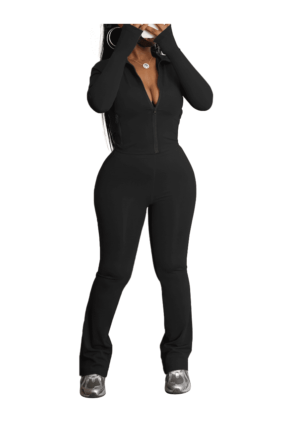 Women's 2 Piece Tracksuit Sets Long Sleeve Zip Up Crop Tops and Flare Pants Casual Workout Oufit Jogger Loungewear Set