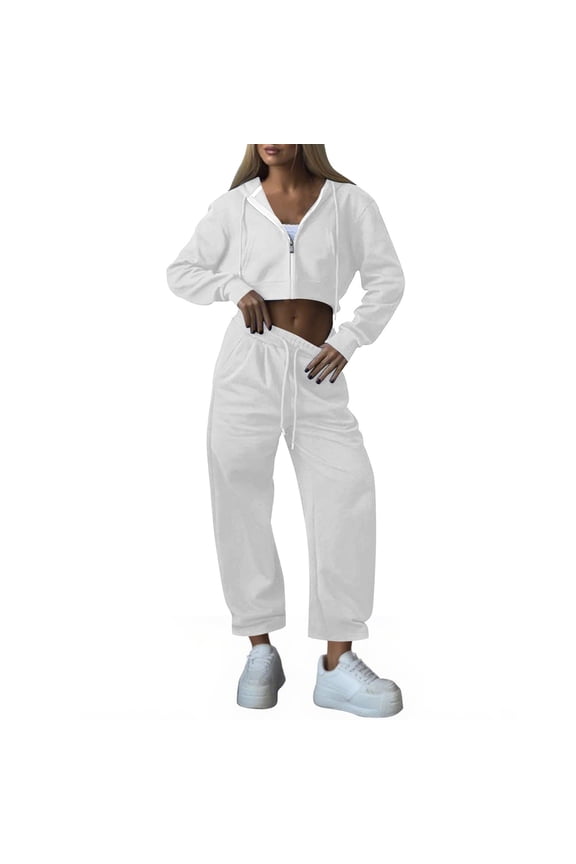 Women's 2 Piece Tracksuits Full Zip Hoodie Jacket and Wide Leg Joggers Pant Sets Pockets Loose Casual Sports Outfits (S, White)