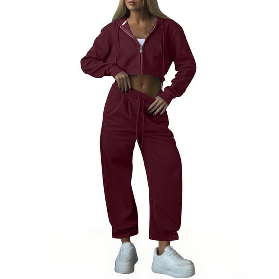 Women's 2 Piece Tracksuits Full Zip Hoodie Jacket and Wide Leg Joggers Pant Sets Pockets Loose Casual Sports Outfits (S, Wine)