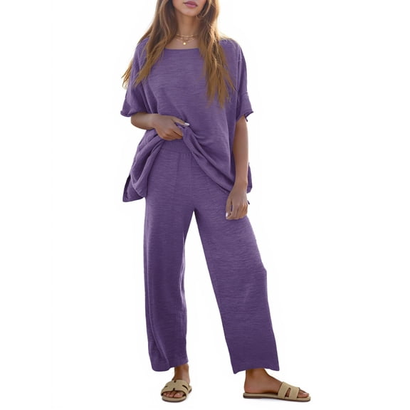 Women's 2 Piece Travel Outfits Casual Short Sleeve Knit Tops &Wide Leg Pants