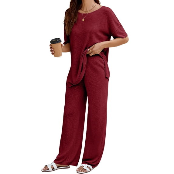 Women 2 Piece Travel Outfits Casual Short Sleeve Knit Tops and Wide Leg Pants