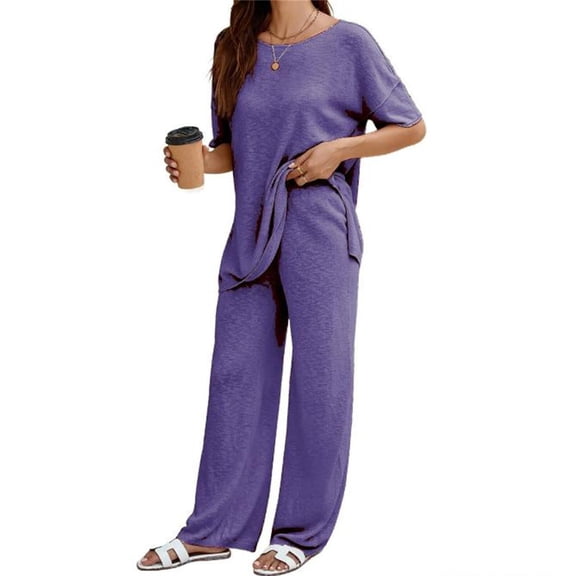 Women's 2 Piece Travel Outfits Casual Short Sleeve Knit Tops &Wide Leg Pants