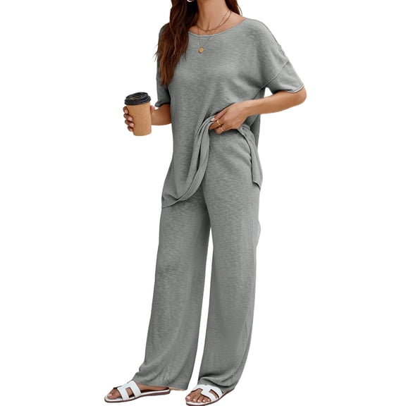 Women's 2 Piece Travel Outfits Casual Short Sleeve Knit Tops &Wide Leg Pants