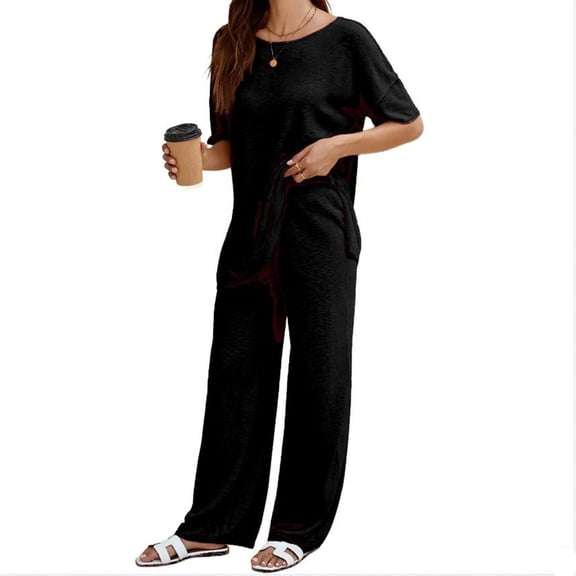 Women's 2 Piece Travel Outfits Casual Short Sleeve Knit Tops &Wide Leg Pants
