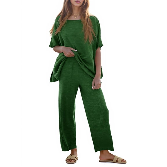 Women's 2 Piece Travel Outfits Casual Short Sleeve Knit Tops &Wide Leg Pants