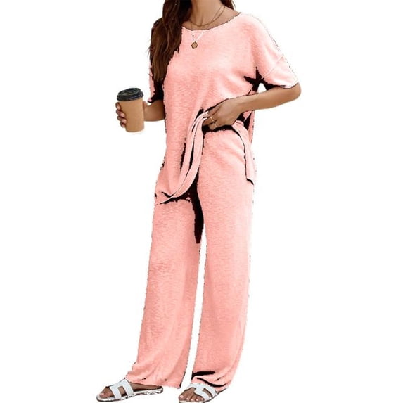 Women's 2 Piece Travel Outfits Casual Short Sleeve Knit Tops &Wide Leg Pants