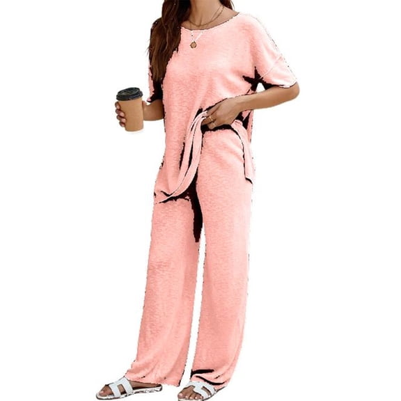 Women's 2 Piece Travel Outfits Casual Short Sleeve Knit Tops &Wide Leg Pants