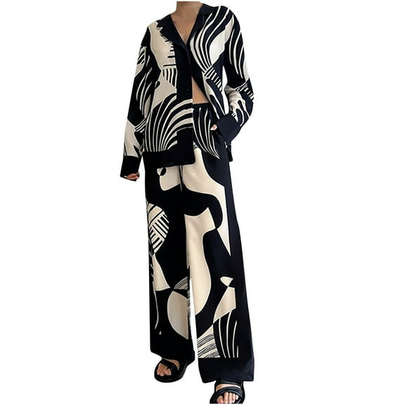 Women's 2 Piece Trendy Outfits Loose Oversized Elegant Lounge Sets Print Long Sleeve Button Down Shirts Wide Leg Pants, Black, L