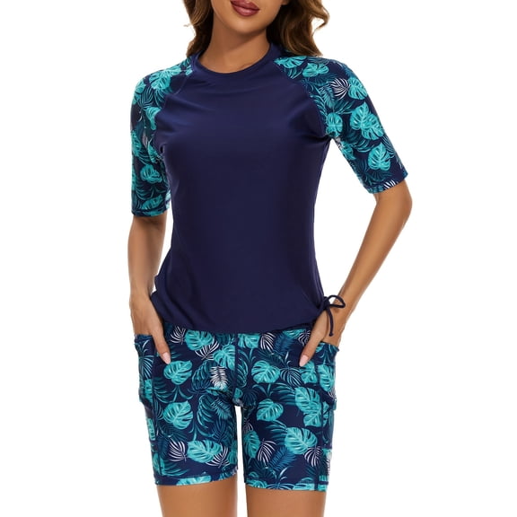 Women’s 2 Piece Tropical Leaf Print Rash Guard Swim Set, Crew Neck Raglan Half Sleeve Drawstring Side Surf Top & Mid Thigh Knee-Length Board Shorts with Pockets, UPF Sun Protection Modest Bathing Sui