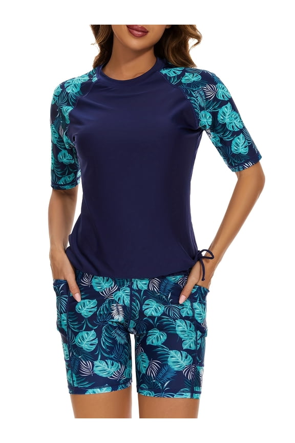 Women’s 2 Piece Tropical Leaf Print Rash Guard Swim Set, Crew Neck Raglan Half Sleeve Drawstring Side Surf Top & Mid Thigh Knee-Length Board Shorts with Pockets, UPF Sun Protection Modest Bathing Sui