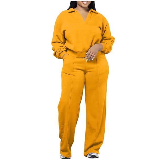 Women's 2 Piece V Neck Collared Sweatsuit Set Long Sleeve Relaxed Fit Pullover Top and Drawstring Wide Leg Pants with Pockets Thick Fleece Lounge Tracksuit for Fall Winter