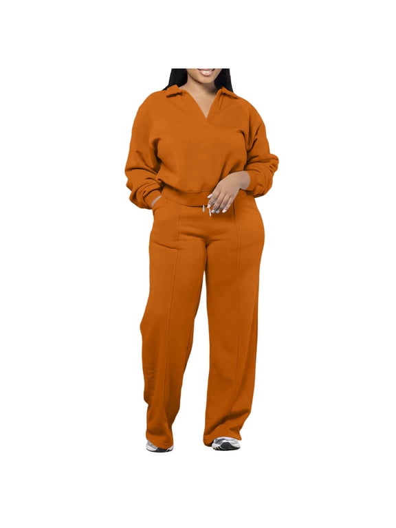 Women's 2 Piece V Neck Collared Sweatsuit Set Long Sleeve Relaxed Fit Pullover Top and Drawstring Wide Leg Pants with Pockets Thick Fleece Lounge Tracksuit for Fall Winter