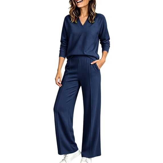 Women's 2 Piece V Neck Lounge Set Matching Sweatsuits | Organic Cotton Lounge Sets for Women , Airport Travel Outfits, Comfy Athleisure Fall Winter Clothes ,wide Leg Palazzo Pants