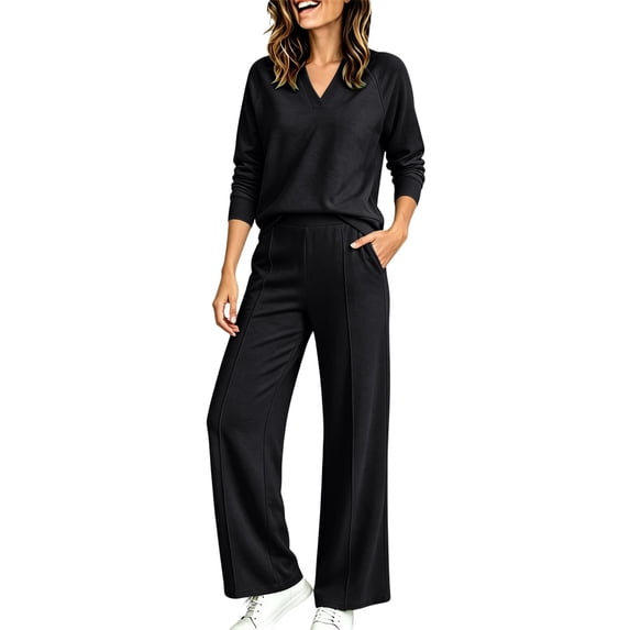 Women's 2 Piece V Neck Lounge Set Matching Sweatsuits | Organic Cotton Lounge Sets for Women , Airport Travel Outfits, Comfy Athleisure Fall Winter Clothes ,wide Leg Palazzo Pants