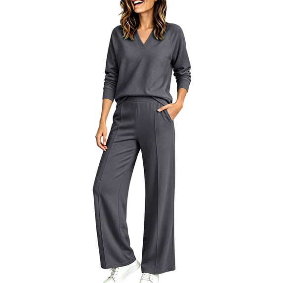 Women's 2 Piece V Neck Lounge Set Matching Sweatsuits | Organic Cotton Lounge Sets for Women , Airport Travel Outfits, Comfy Athleisure Fall Winter Clothes ,wide Leg Palazzo Pants