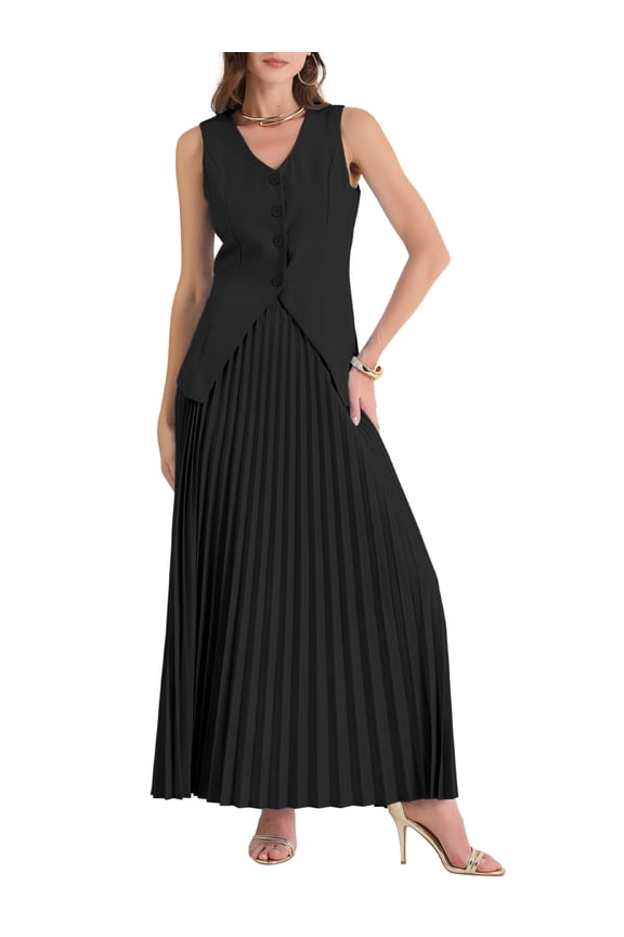 Women's 2 Piece V Neck Summer Sleeveless Daytime Vest Maxi Pleated Skirts Set L Black