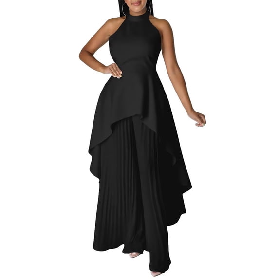 Women's 2 Piece Vacation Outfit Halter Crop Top and Tiered Ruffle Maxi Pants Set