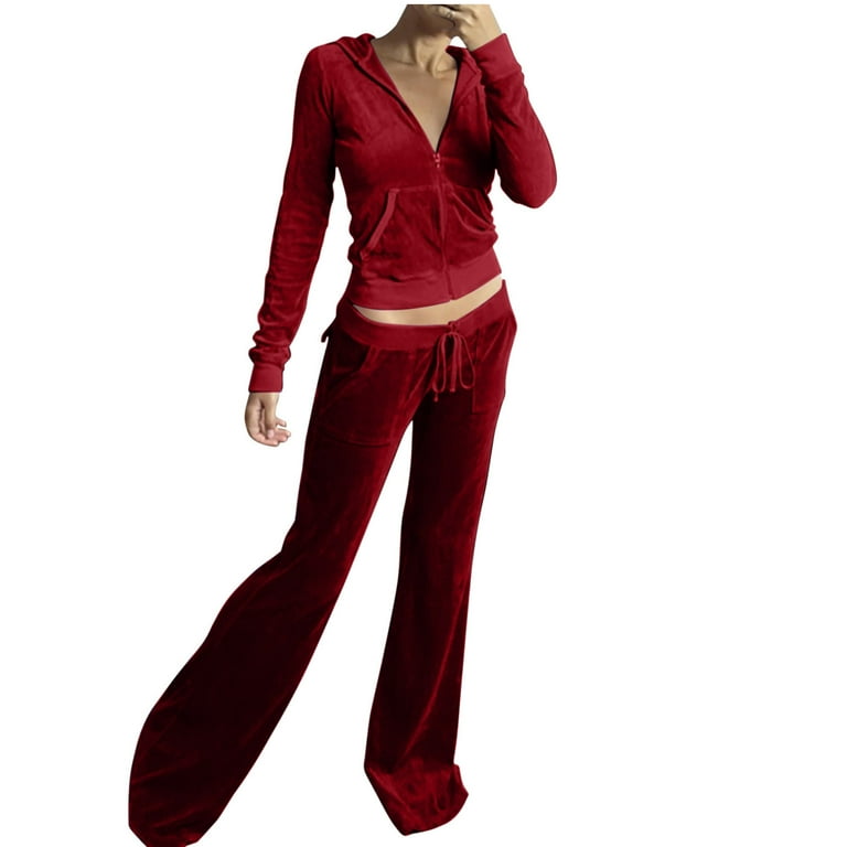 Women s 2 Piece Velour Tracksuit Long Sleeve Zipper Hoodie Cropped Pants Outfits Fashion Fall Solid Color Sweatsuits Wine XL Walmart