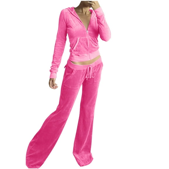 Women's 2 Piece Velour Tracksuit Set Long Sleeve Zipper Hoodie Cropped Jacket and Sweatpants Y2K Sweatsuit Set