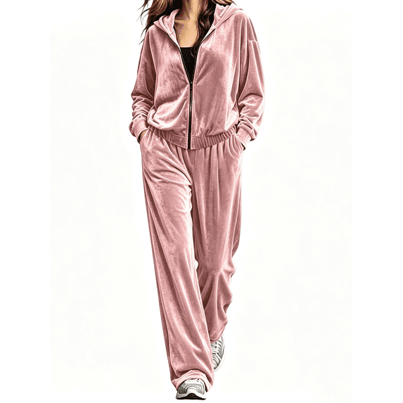 Women's 2 Piece Velvet Lounge Sets Fall Winter Solid Color Long Sleeve Zip Up Sweatshirts Loose Pants Fall Outfits Sets