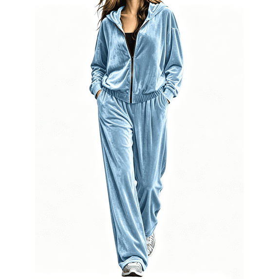 Women's 2 Piece Velvet Lounge Sets Fall Winter Solid Color Long Sleeve Zip Up Sweatshirts Loose Pants Fall Outfits Sets