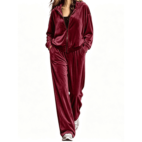 Women's 2 Piece Velvet Lounge Sets Fall Winter Solid Color Long Sleeve Zip Up Sweatshirts Loose Pants Fall Outfits Sets