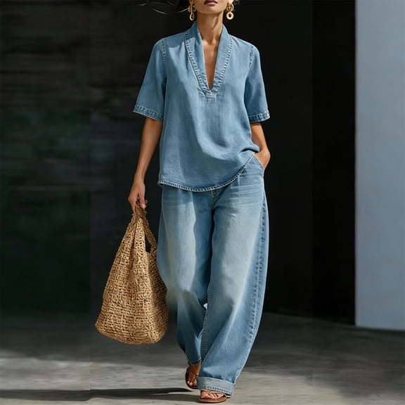 Women's 2-Piece Washed Denim Set, V-Neck Short Sleeve Top and Wide Leg Pants, Solid Color Retro Casual Outfit for Daily Wear and Comfort-Light Blue