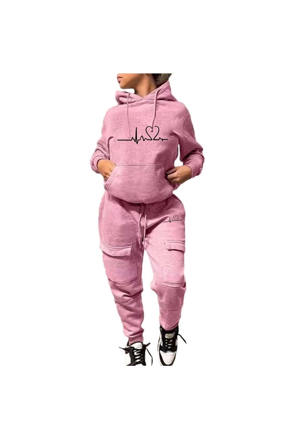 Women's 2 Piece Winter Sets Heartprint Fashionable Sweatshirt And Pants Activewear Casual Tracksuit Pink L