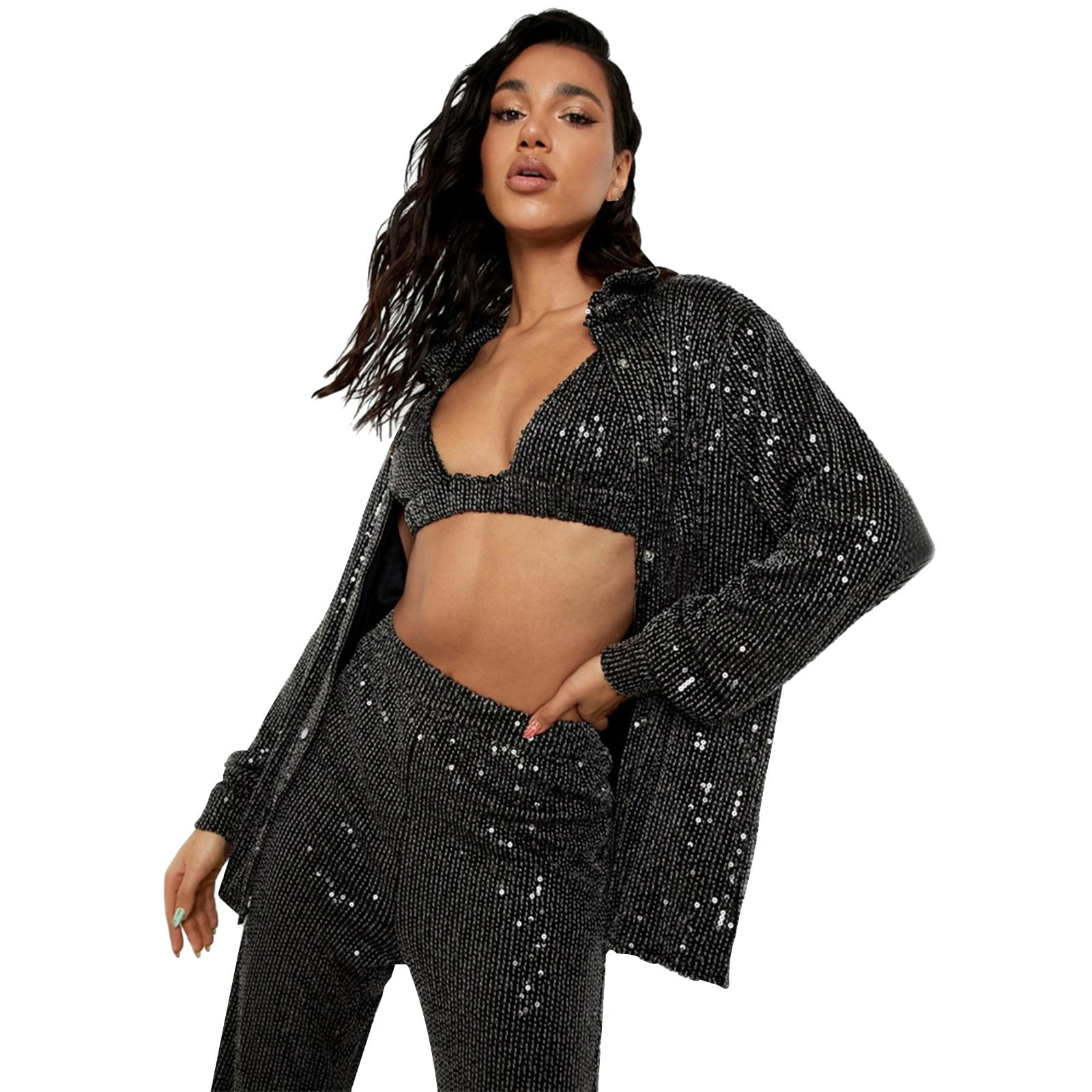 Crop Top Glitter Tracksuit Womens Glitter Silver Party Two Piece