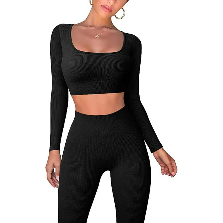 Women's 2 Piece Workout Outfits Sexy Skinny Long Sleeve Crop Top Tummy  Control High Waist Leggings Sets Yoga Tracksuit 