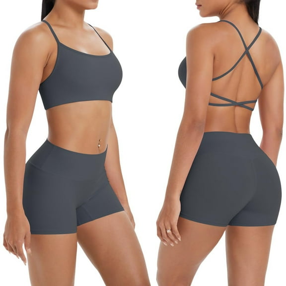 Women's 2 Piece Workout Set Backless Sports Bras High Waist Shorts Sets Seamless Yoga Gym Activewear, M