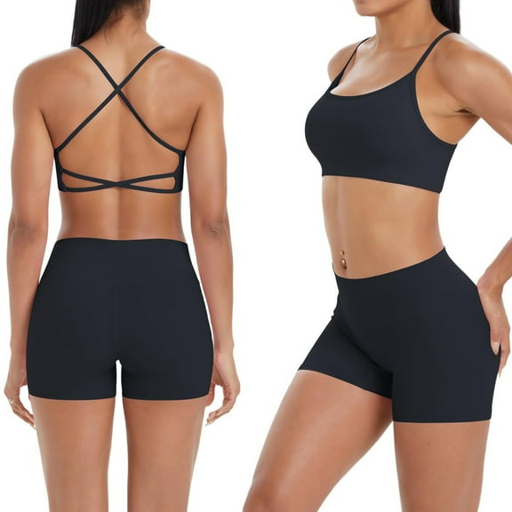 Women's 2 Piece Workout Set Backless Sports Bras High Waist Shorts Sets Seamless Yoga Gym Activewear, M