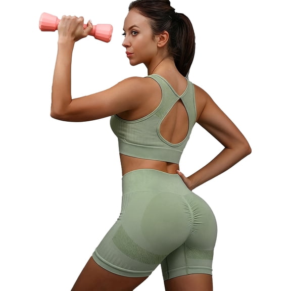Women's 2 Piece Workout Set, High Waist Butt Lift Yoga Shorts and Sports Bra Gym Activewear Outfit,Green