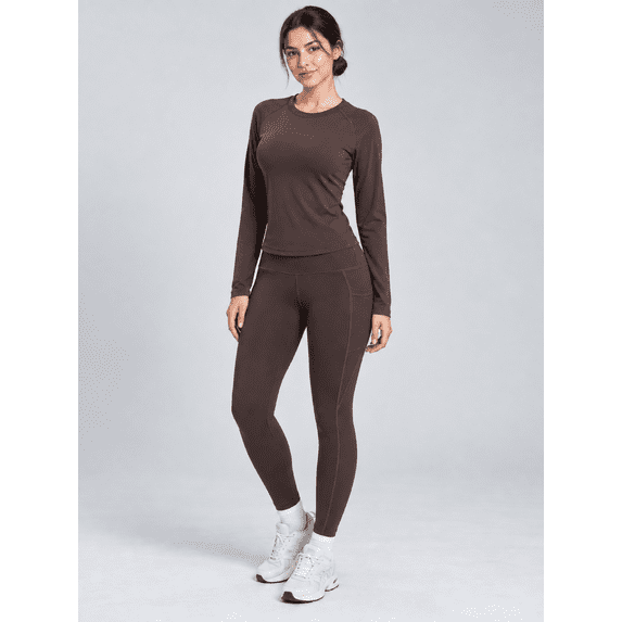 Women's 2-Piece Workout Set, Raglan Long Sleeve Top and High-Waisted Leggings with Pockets, Coffee Brown, S