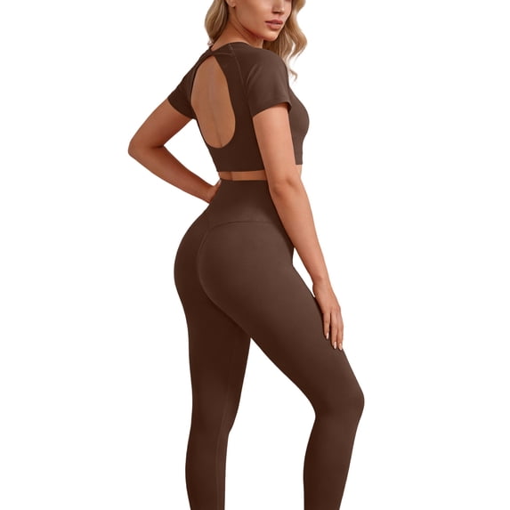 Women's 2 Piece Workout Sets Short Sleeve Crop Tops High Waist Leggings Pants Sets Athletic Workout Gym Outfits Clothes