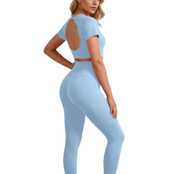 Women's 2 Piece Workout Sets Short Sleeve Crop Tops High Waist Leggings Pants Sets Athletic Workout Gym Outfits Clothes