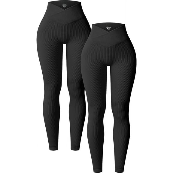 Women's 2 Piece Yoga Leggings Ribbed Seamless Workout High Waist Cross Over Athletic Exercise Leggings