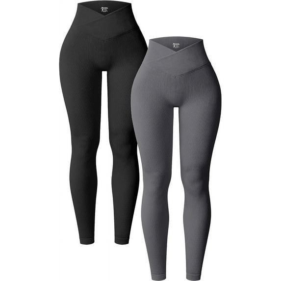Women's 2 Piece Yoga Leggings Ribbed Seamless Workout High Waist Cross Over Athletic Exercise Leggings