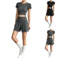 thumbnail image 1 of Women's 2 Piece Yoga Workout Outfit Crewneck Short Sleeve Crop Top and Athletic Shorts Sets Casual Tracksuits Running Gym Matching Set Gray, 1 of 5