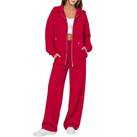 Women's 2 Piece Zip Up Hoodie Set Long Sleeve Sweatshirt and Wide Leg Pants Casual Fall Fleece Matching Set