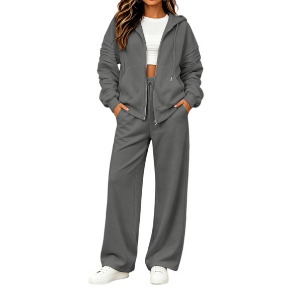 Women's 2 Piece Zip Up Hoodie Set Long Sleeve Sweatshirt and Wide Leg Pants Relaxed Casual Fleece Travel Set