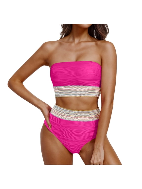 Women's 2 Pieces Bandeau Bikini Color Block Swimsuits 2025 Summer Off Shoulder High Waisted Strapless Bathing Suit Hot Pink L