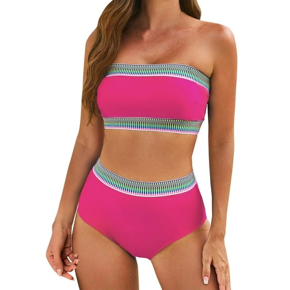 Husipze Women's 2 Pieces Bandeau Bikini Color Block Swimsuits 2025 Summer Off Shoulder High Waisted Strapless Bathing Suit Hot Pink XL Clearance