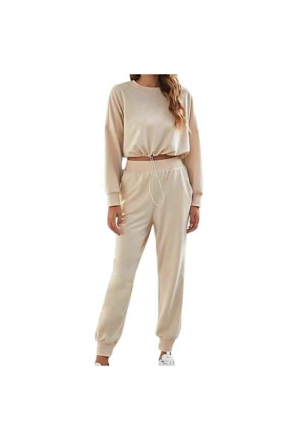Women's 2 Pieces Outfits Casual Solid Crewneck Long Sleeve Crop Tops and Pants Pajama Set Loungewear Tracksuits